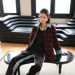 新款美拉德浅棕色复古丝绒绗棉刺绣外套女宽松老爹夹克上衣现货