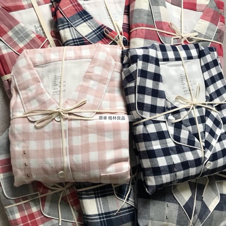 日系 秋冬精梳纯棉磨毛法兰绒格子情侣家居服长袖长裤睡衣 包邮