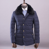 瑕疵处理有165 一线品牌撤柜男士 真毛领羽绒服蓝黑色鸭绒保暖外套