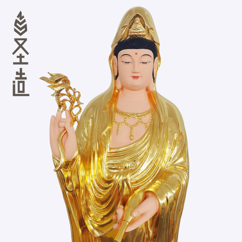 站相观音木雕佛像摆件家用居家香樟木雕刻慈航道人 圣造