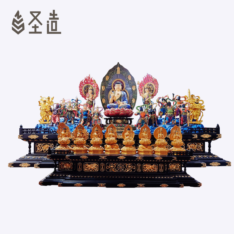 木雕佛像定制药师佛坛城摆件实木琉璃药师佛十二神像四大天王圣造