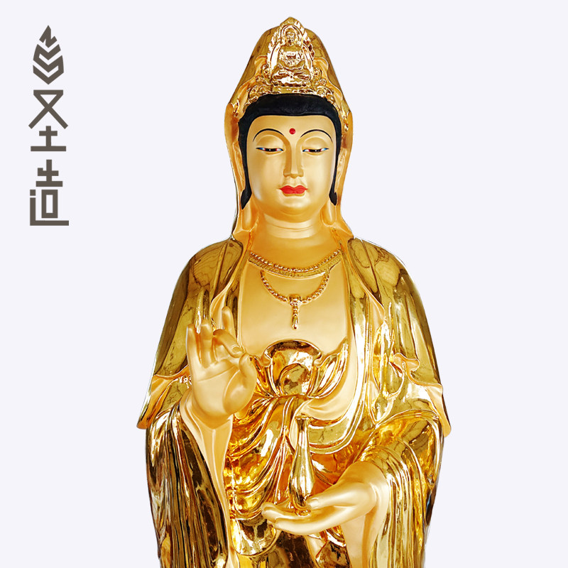 观音木雕贴金佛像大型实木佛像家用樟木观音站像 圣造