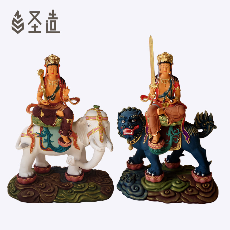 木雕文殊普贤佛像摆件实木文殊师利像普贤遍吉菩萨定制厂家 圣造