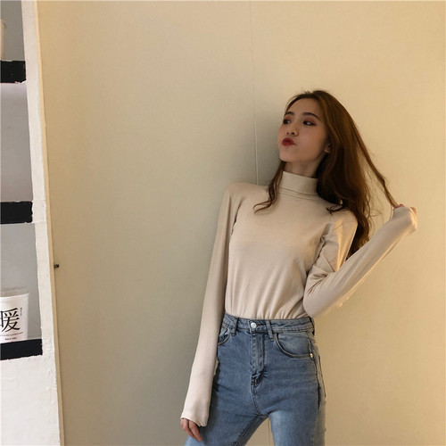 Real-price high-collar T-shirt, women's white T-shirt, slim and long sleeve pile collar T-shirt jacket