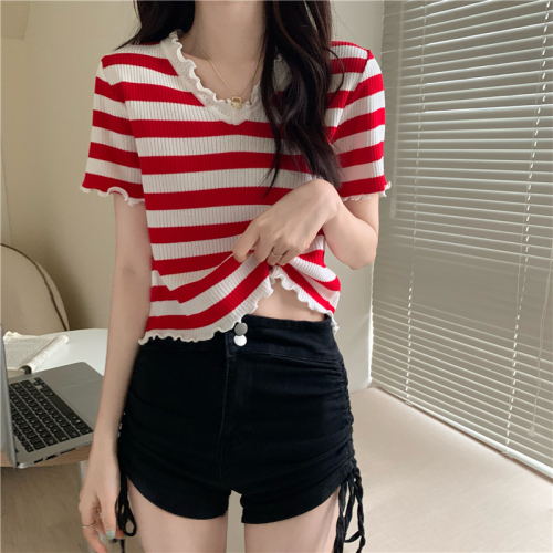 Real price summer striped wooden ear V-neck short knit shirt short sleeve T-shirt jacket