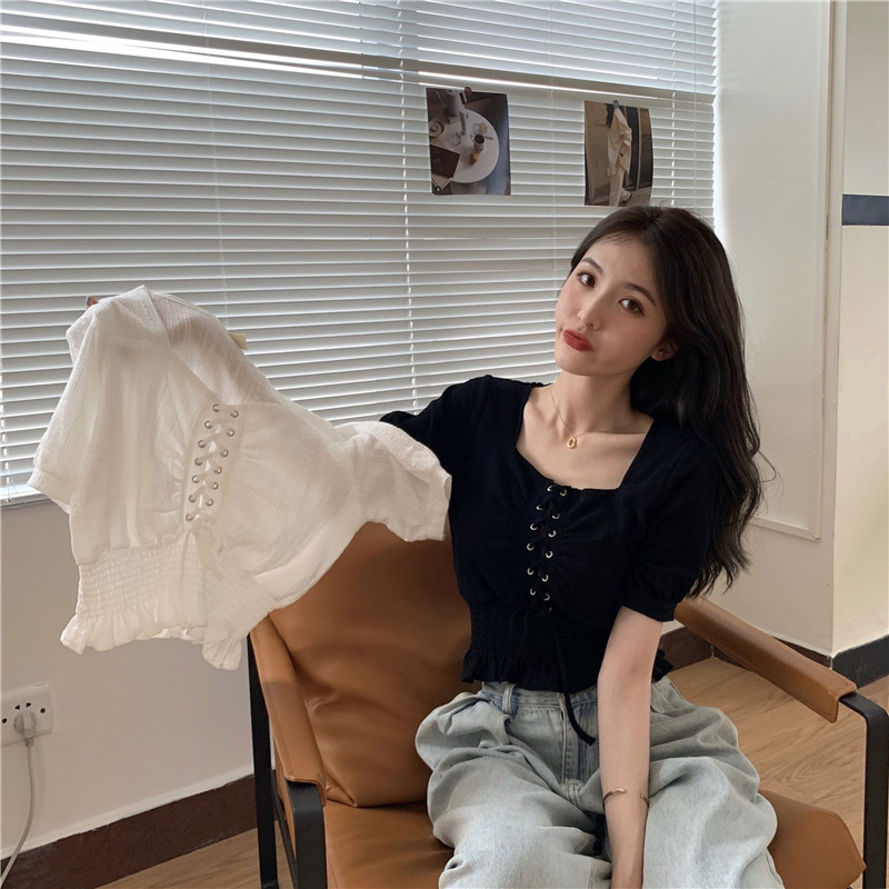 实拍实价 短款方领上衣女泡泡袖高腰锁骨抽绳短袖衬衫