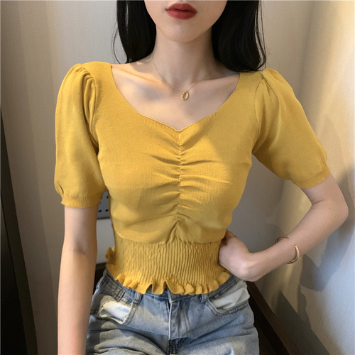 Real photo, real price, Korean V-neck, quality, bubble sleeve, waist fold, short T-Shirt Top