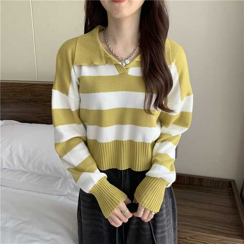 Real shooting and real price autumn Korean version Lapel stripe contrast long sleeve short Pullover Sweater sweater sweater