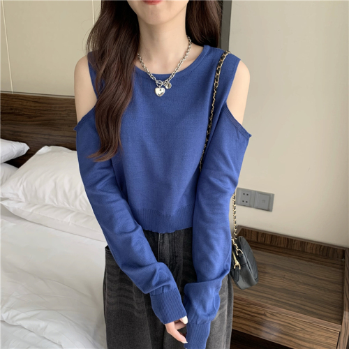 Real shot Autumn new solid color discreet off-shoulder loose long-sleeved T-shirt knitted top