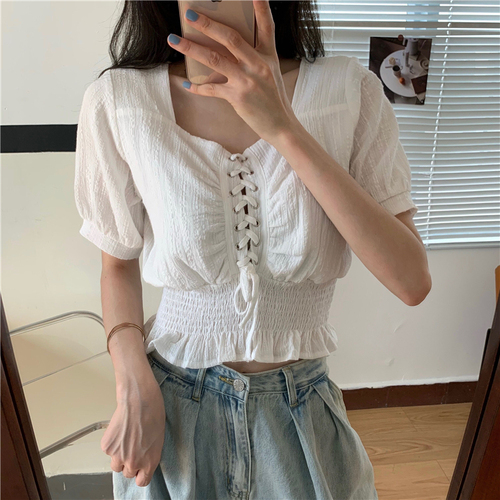 Real shot real price short square collar top women's bubble sleeve high waist collarbone drawstring short sleeve shirt