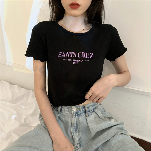 Real photo real price summer girls' high waist open navel short top embroidered letter T-shirt