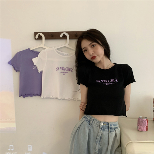 Real photo real price summer girls' high waist open navel short top embroidered letter T-shirt