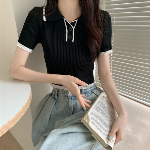 Actual shot of summer Korean version of contrasting color polo collar short-sleeved slimming short knitted top trendy