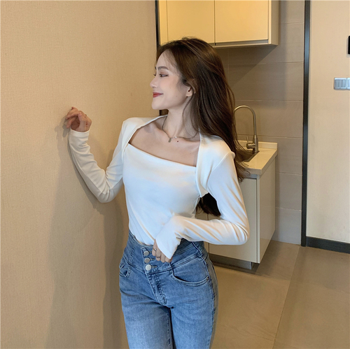 Real shooting and real price autumn new careful machine sexy exposed clavicle long sleeve T-shirt solid color slim slim top women