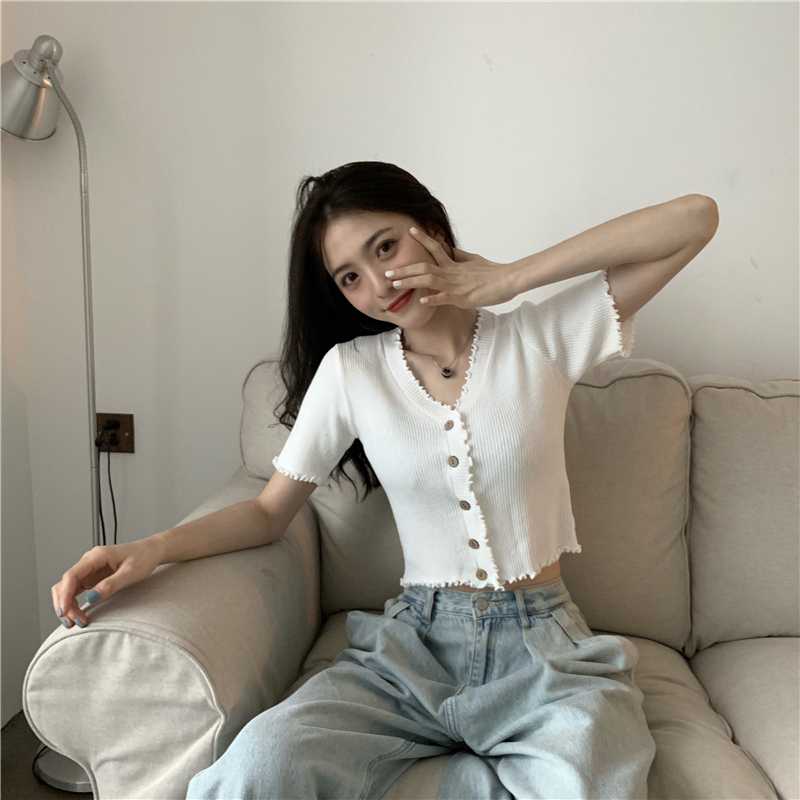 Real photo real price summer new single breasted V-neck knitted cardigan short sleeve T-shirt