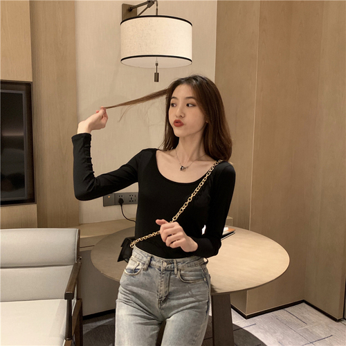 Real shot Korean versatile sexy big U-neck threaded slimming bottoming shirt long-sleeved T-shirt for women