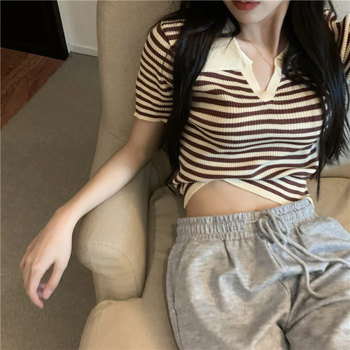 Real shot Summer new style knitted lapel striped polo shirt V-neck top for women