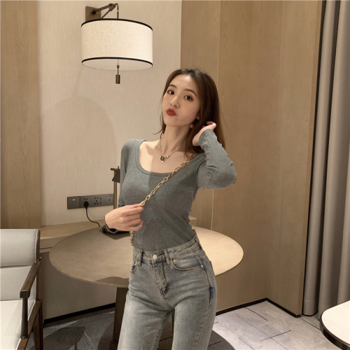 Real shot Korean versatile sexy big U-neck threaded slimming bottoming shirt long-sleeved T-shirt for women