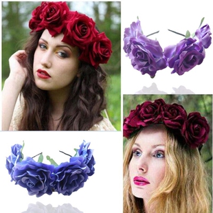 花环头饰成人新款仿真布料玫瑰花环时尚花朵发带新娘拍照头饰发箍