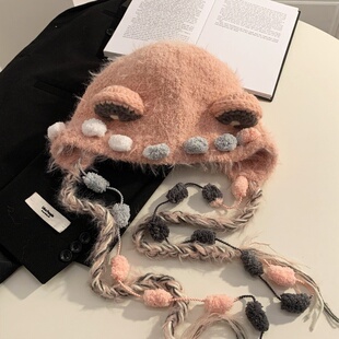 绿色帽子女可爱搞怪小熊耳朵辫子针织帽秋冬季保暖显脸小加厚护耳