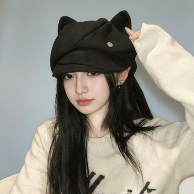 猫耳朵帽子女贝雷帽秋冬季显脸小复古仿麂皮绒八角画家报童帽时尚