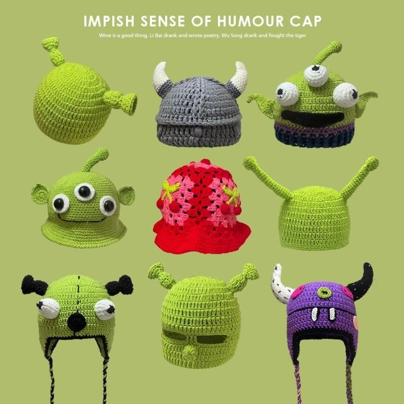 绿帽子女网红同款搞怪毛线帽子女秋冬宝宝怪物卡通绿色针织头套子