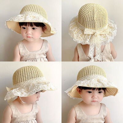 宝宝帽子夏季薄款儿童渔夫帽女童草帽公主大帽檐遮阳防晒帽透气潮