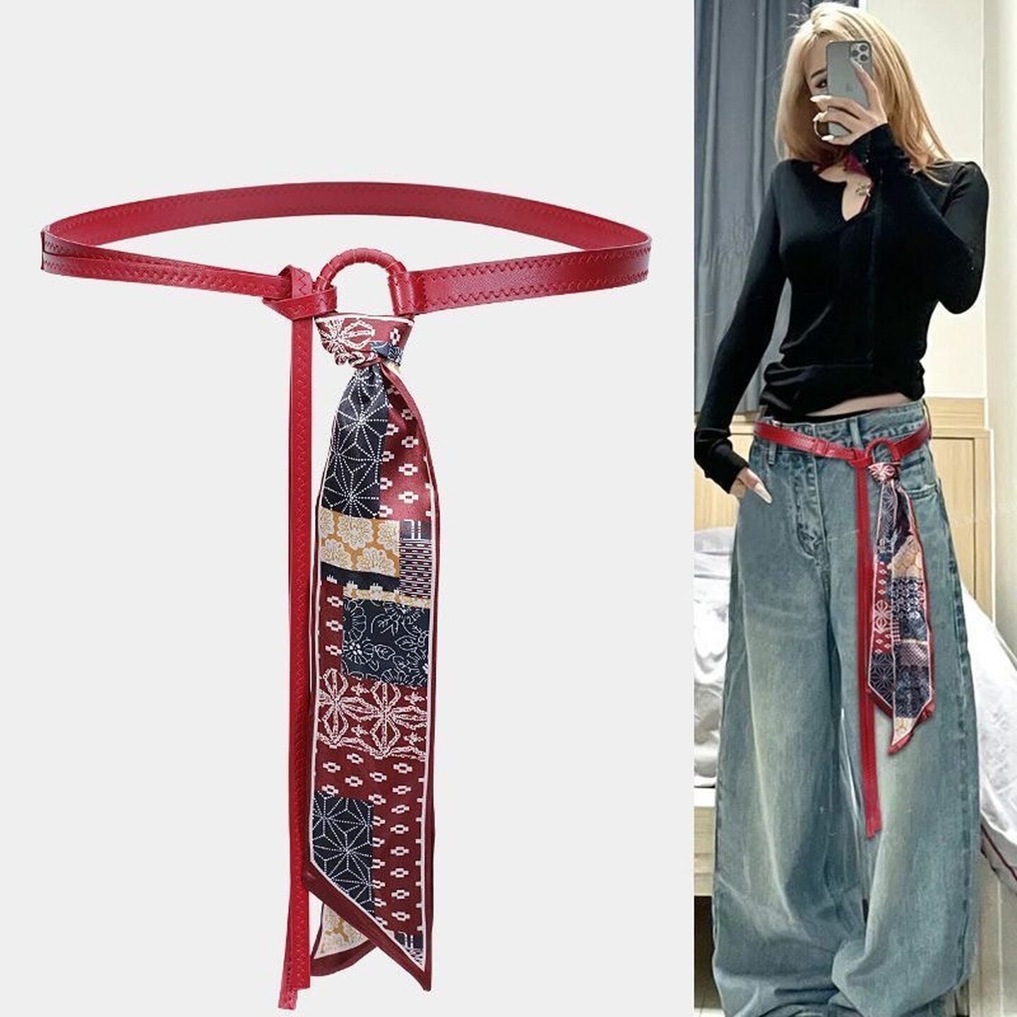 梓渝同款红色腰带配饰女细丝巾腰链流苏编织装饰配牛仔裤裤子挂饰