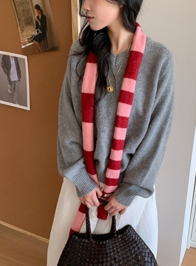 红色丝巾长条女条纹拼色y2k时尚装饰细窄围脖时尚纯色百搭装饰潮