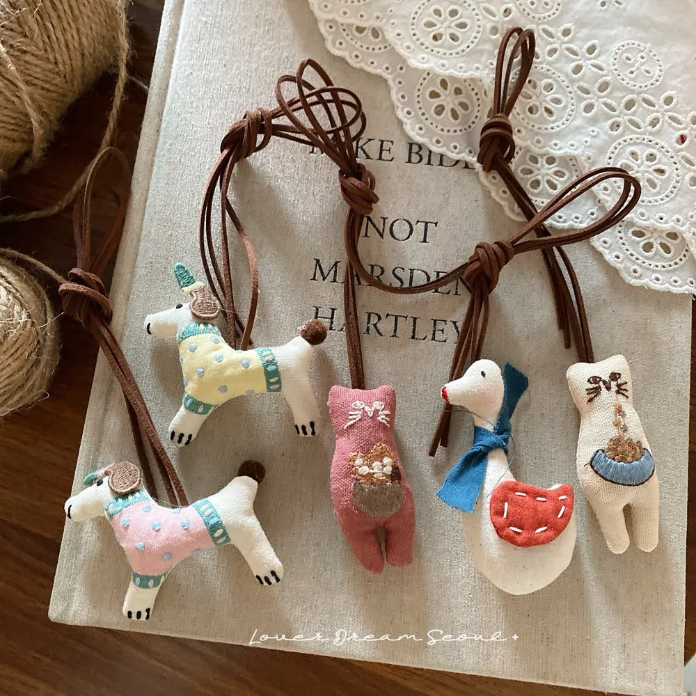 韩国ins秋冬新款布艺小狗小猫儿童毛衣链项链 甜美可爱皮绳项饰女