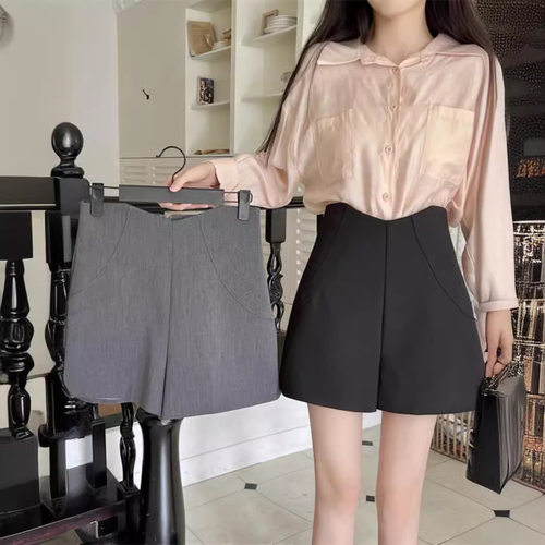 黑色西装短裤女大码超高腰显瘦阔腿a字休闲裤春夏不规则遮肚靴裤