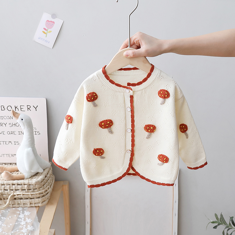 女童手工小蘑菇毛衣洋气春装新款女宝宝针织开衫春秋儿童毛线衣潮