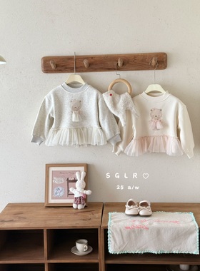 拾光鹿儿～25冬装新款女童拼纱印花卫衣加绒女宝宝上衣百搭7161