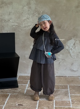 草房子～25秋装新款女童格子吊带打底衫两件套25284宽松裤子25253