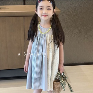 爱尚baby 26夏季新款女童格子拼接背心裙韩系公主裙凉快26723