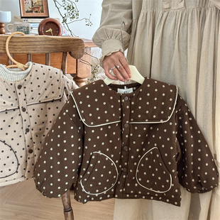 女童波点翻领棉衣洋气2024冬装新款韩国童装宝宝加厚夹棉外套森系