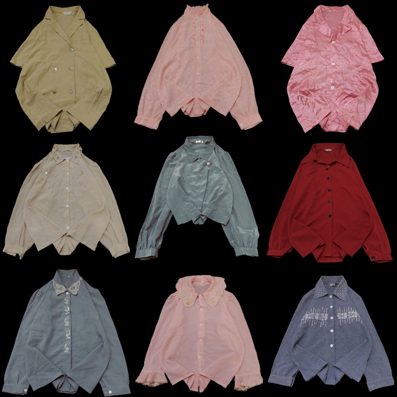 vintage古着夏季复古港风雪纺纯色刺绣暗纹印花小清新百搭衬衫d89