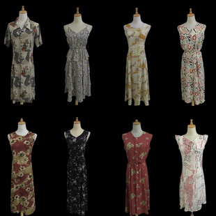 vintage古着夏季森女雪纺碎花复古学院风小清新宽松收腰连衣裙Q38