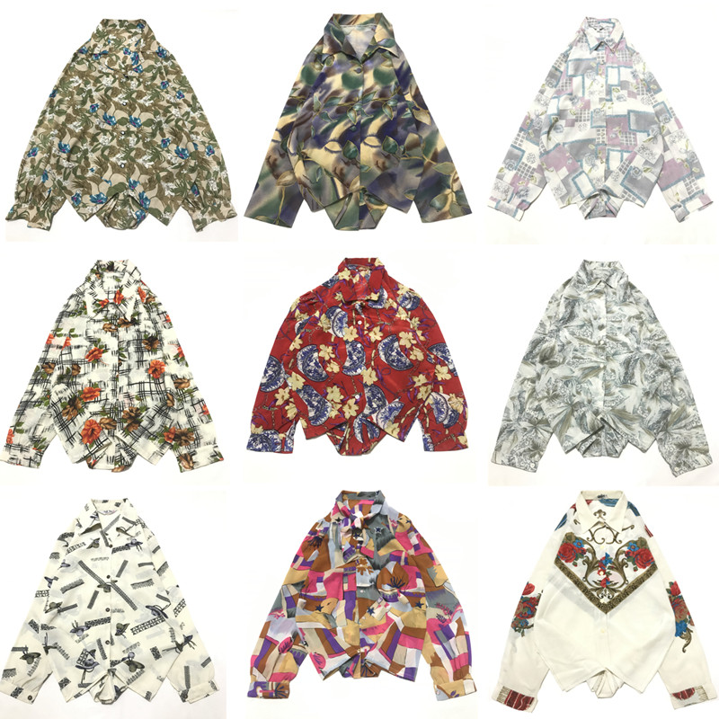 vintage古着文艺复古夏威夷雪纺碎花油画小清新宽松长袖衬衫女F79