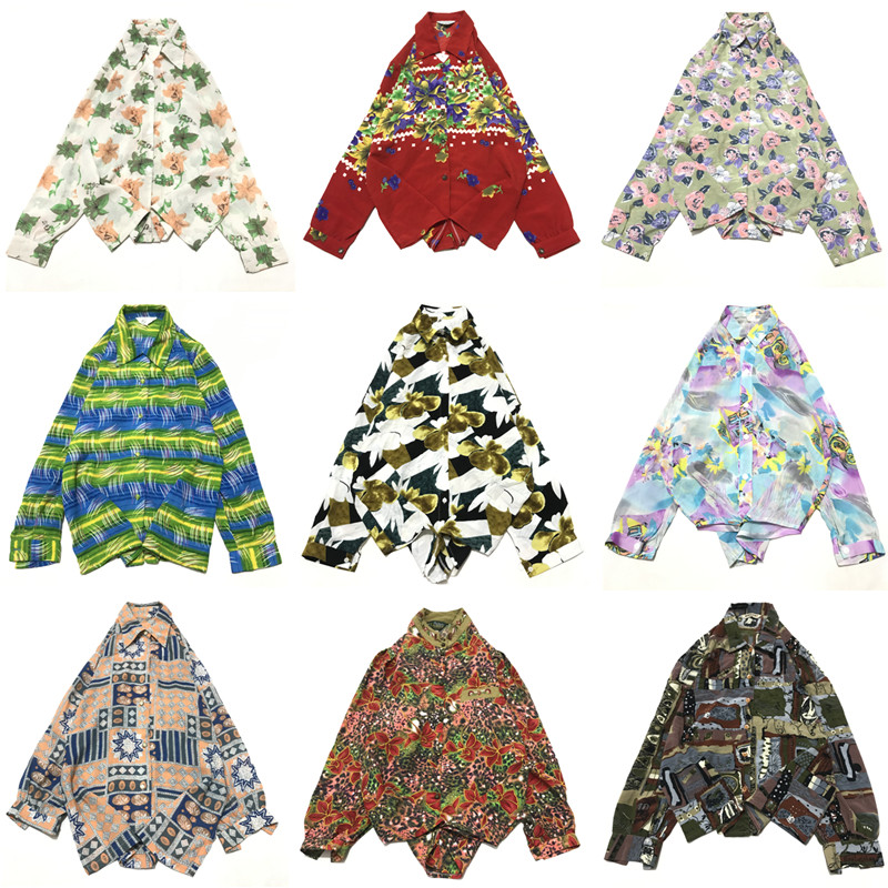 vintage古着春夏港风复古夏威夷雪纺学院小清新宽松长袖花衬衫F95