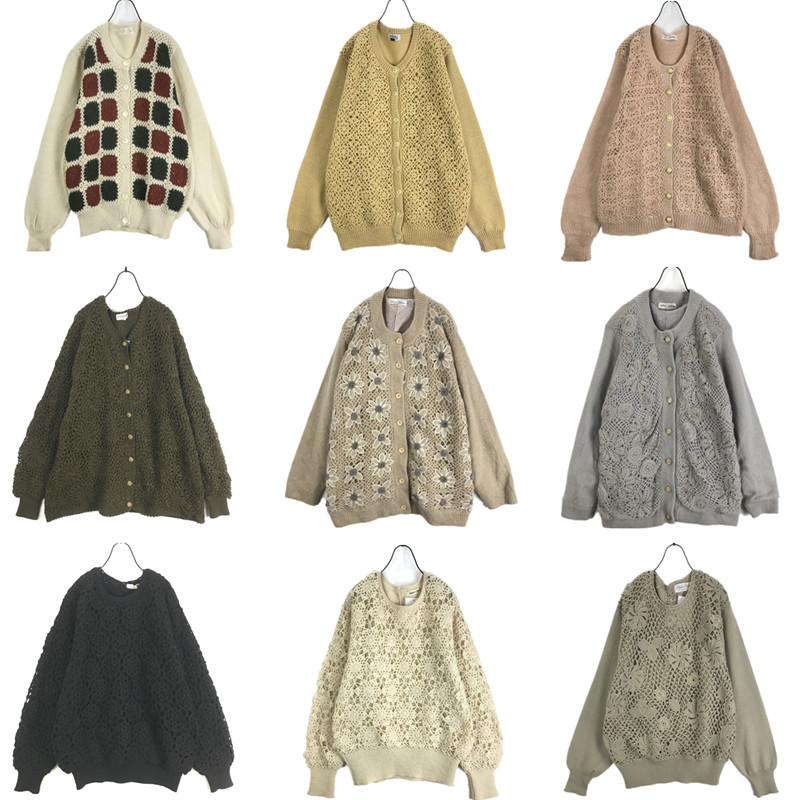 vintage古着孤品日系秋冬重工羊毛双层镂空钩花纯色宽松毛衣女Y28