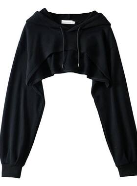 春秋薄款跳舞超短款卫衣女ins新款百搭露脐套头罩衫长袖宽松上衣