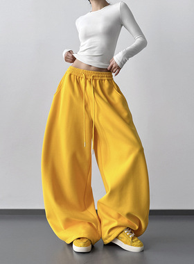 美式黄色运动裤女春秋2025新款高腰直筒宽松休闲卫裤工装阔腿