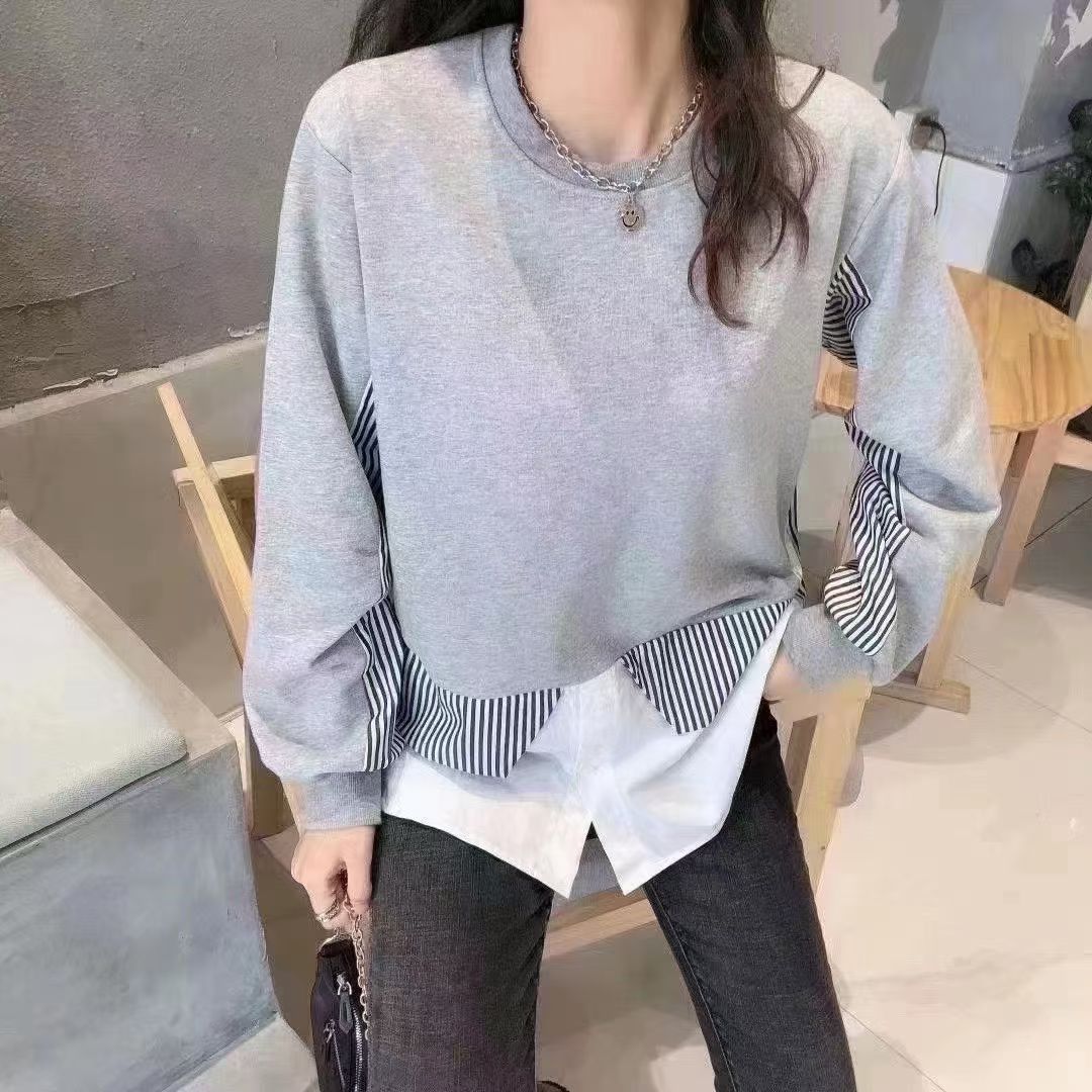 2026春秋新款韩版女宽松休闲百搭圆领拼接上衣慵懒风卫衣假两件
