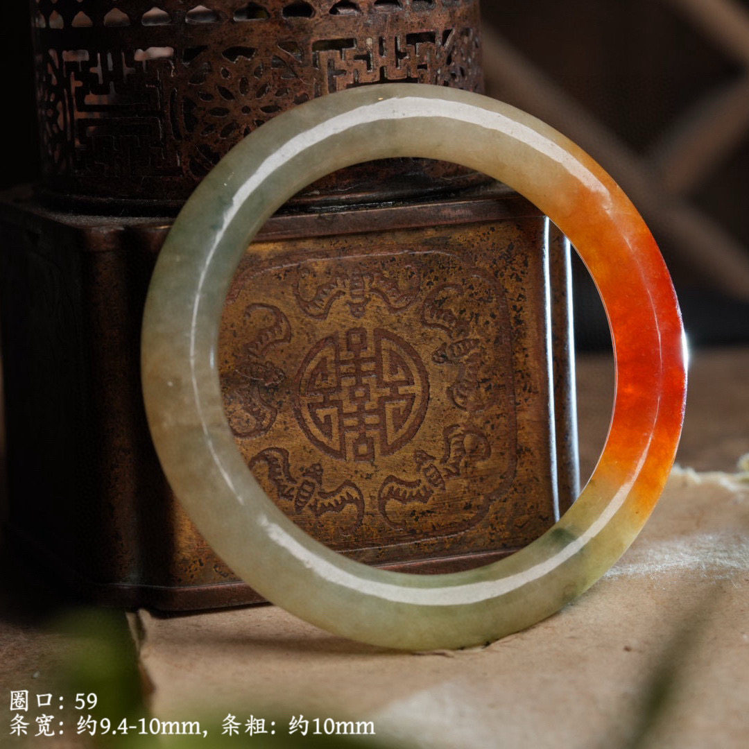 0418399-0 天然A货糯冰红翡飘绿翡翠圆条翡翠手镯圈口59