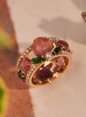 024855-0 碧玺水蜜桃翡翠多宝戒指18k金镶嵌圈口16