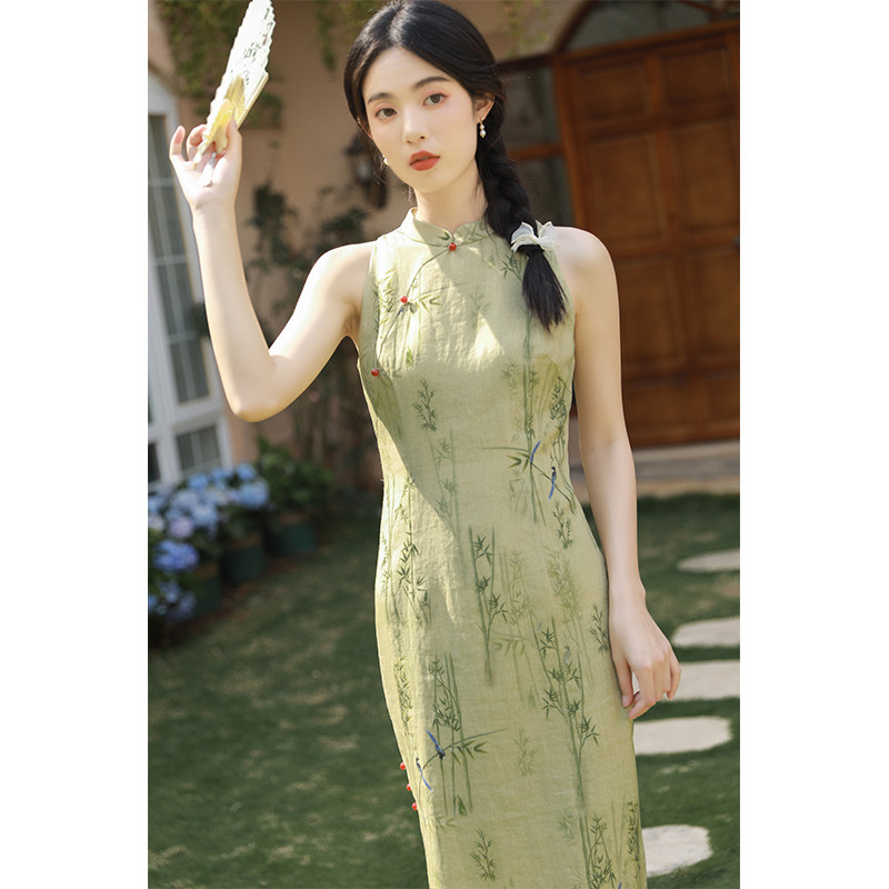 迟年2022夏年轻款少女感复古日常修身无袖苎麻印花改良旗袍连衣裙