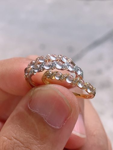 缅甸天然A货翡翠爆款玻璃种起光起钢蛋面排戒戒指18K金南非钻镶嵌