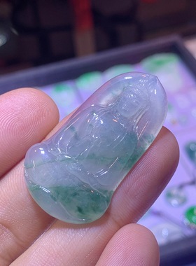 缅甸天然A货翡翠冰种起光起胶飘花观音吊坠裸石尺寸43.8-24-6.2mm