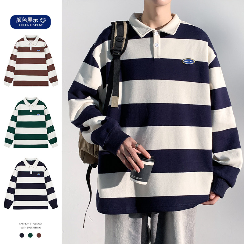 日系条纹翻领卫衣男潮city宽松复古情侣长袖polo衫W2381-P52,男装卫衣,星座610（原A335）